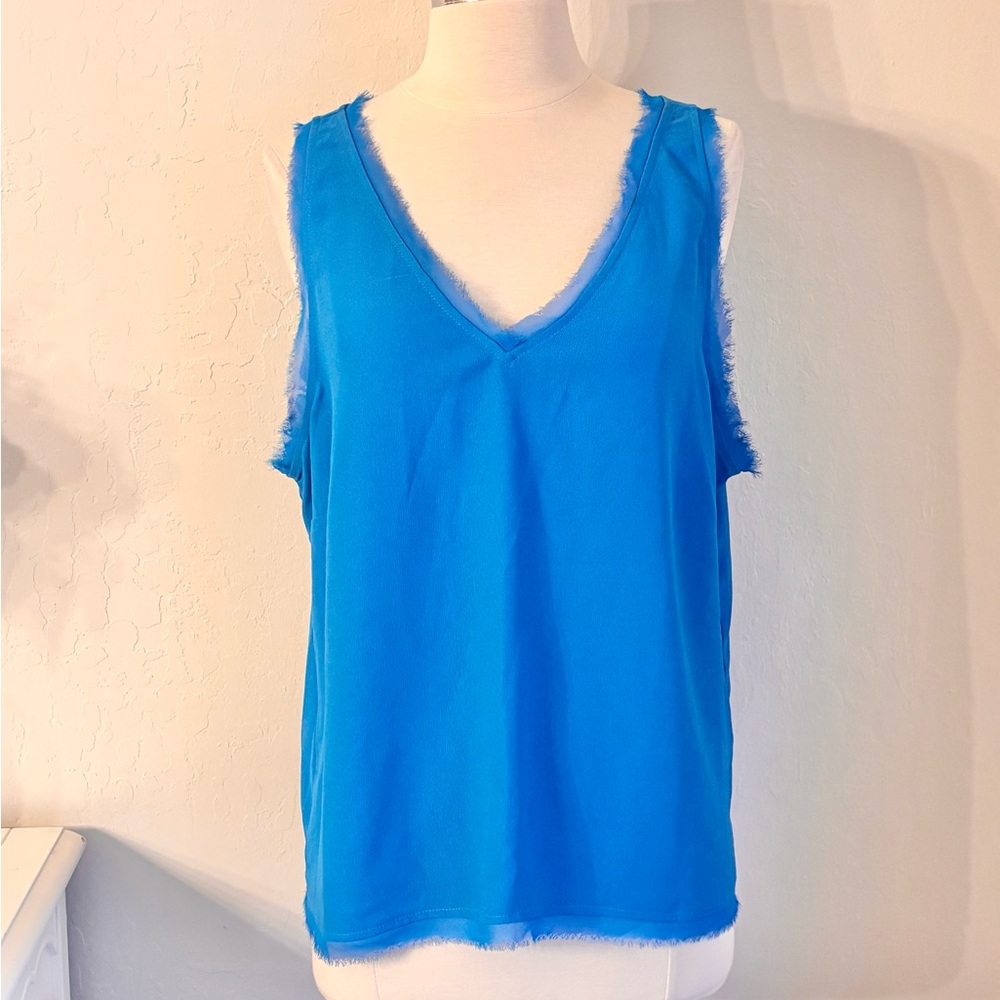 Halogen Frayed Edge Vneck Tank Top Electric Blue, Sz XL